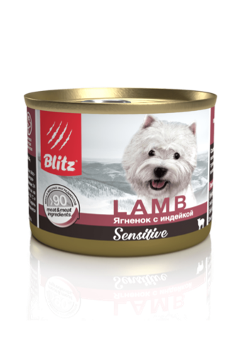 Влажный корм консервы Blitz Sensitive Dog Lamb & Turkey (Pate)«Ягнёнок с индейкой» консервированный корм для собак всех пород и возрастов 24шт 200гр