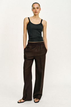 ZARA БРЮКИ ПРЯМОГО КРОЯ ИЗ СМЕСОВОГО ЛЬНА, ТЕМНО-КОРИЧНЕВЫЙ