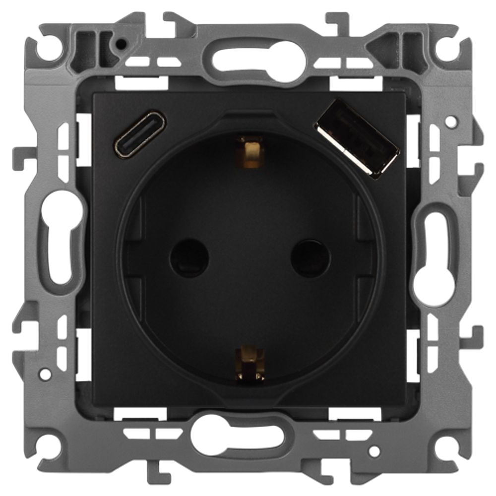 Розетка ЭРА Серия 12 12-4108-05 2P+E 16A-250В со шторками с USB type-A+C 5В-3А антрацит | Эра 12