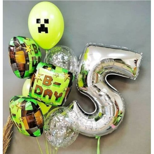 Букет шаров с конфетти «Майнкрафт» на 5 лет