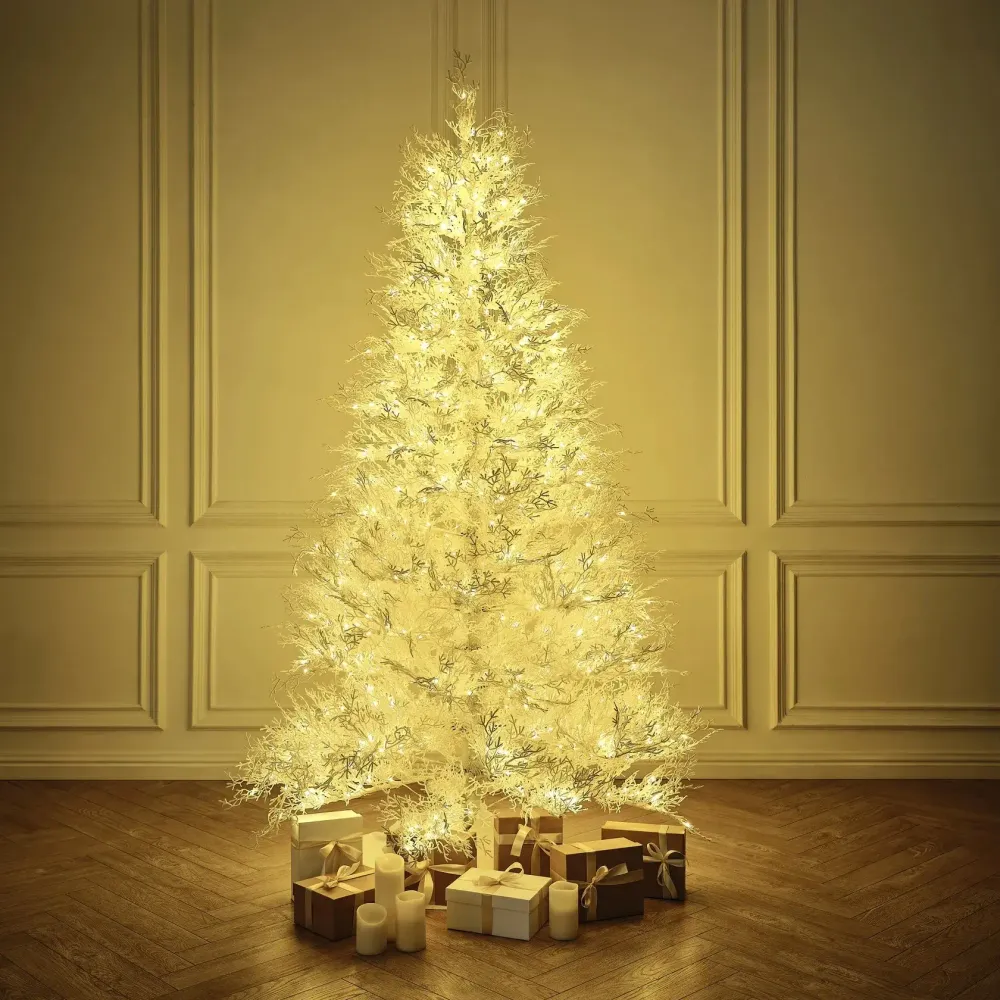 Искусственная белая елка с гирляндой встроенной «Normandia» Нормандия (коралловые ветки) от 2,1 м до 2,4 м