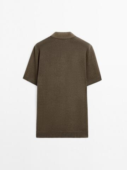 Massimo Dutti Трикотажное поло с V-образным вырезом и рельефным узором, бежевый
