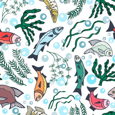 Seaweed, fish and bubbles seamless pattern.