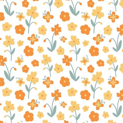 Оранжевые и желтые цветы и бабочки на белом фоне