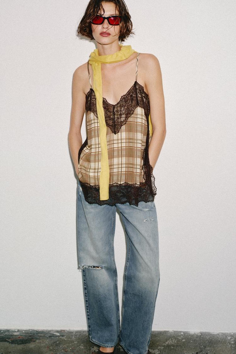 ZARA ТОП В БЕЛЬЕВОМ СТИЛЕ В КЛЕТКУ, РАЗНОЦВЕТНЫЙ