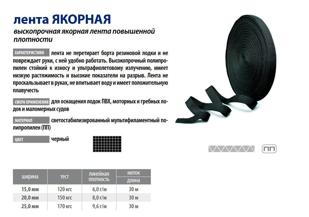 Шнур для яхт ЯКОРНАЯ 20 мм, 150 кг, 30 м, черная