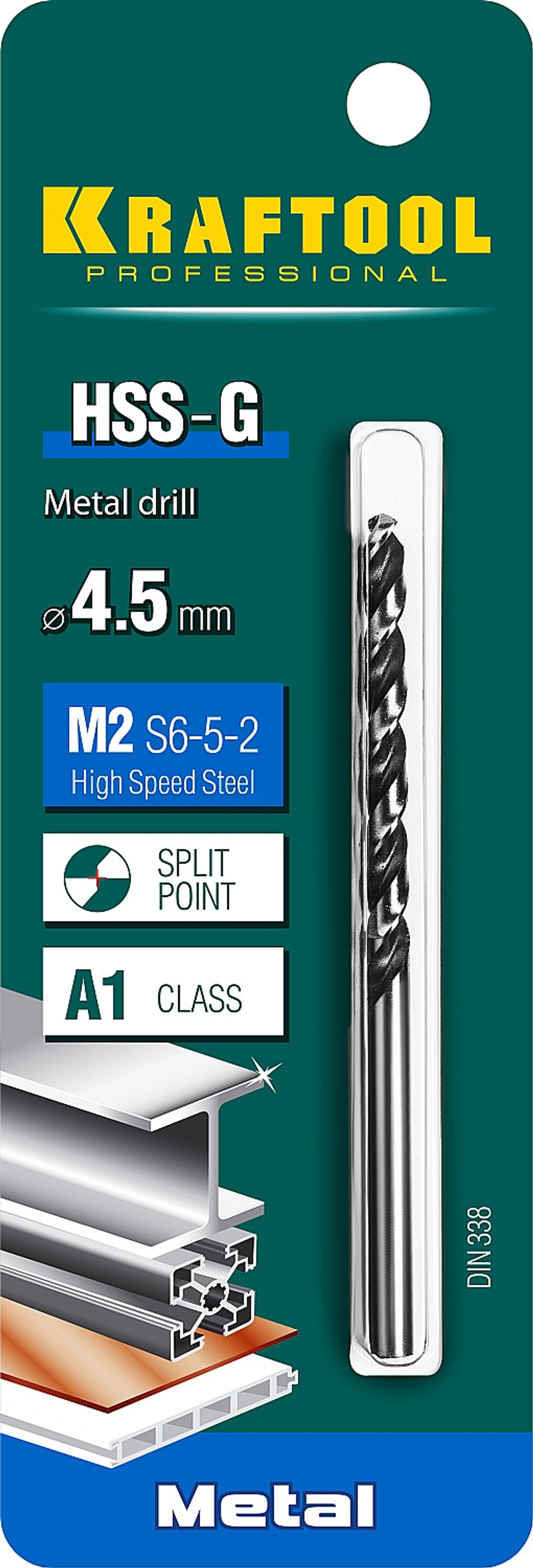 KRAFTOOL HSS-G, 4.5 х 80 мм, сталь P6M5, сверло по металлу (29651-4.5)