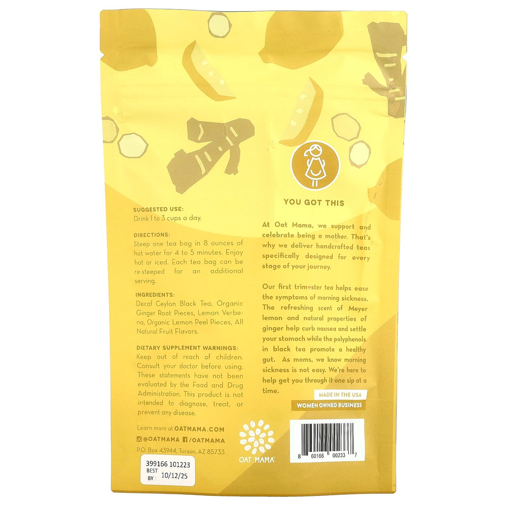 Oat Mama, Morning Sickness Tea, лимонный имбирь Мейера, без кофеина, 14 чайных пакетиков, 32 г