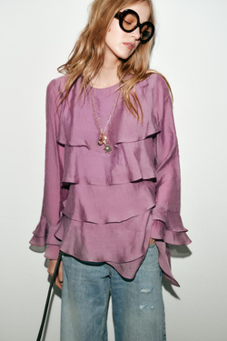 ZARA АСИММЕТРИЧНЫЙ ТОП С ВОЛАНАМИ, ЦВЕТ МАЛЬВЫ
