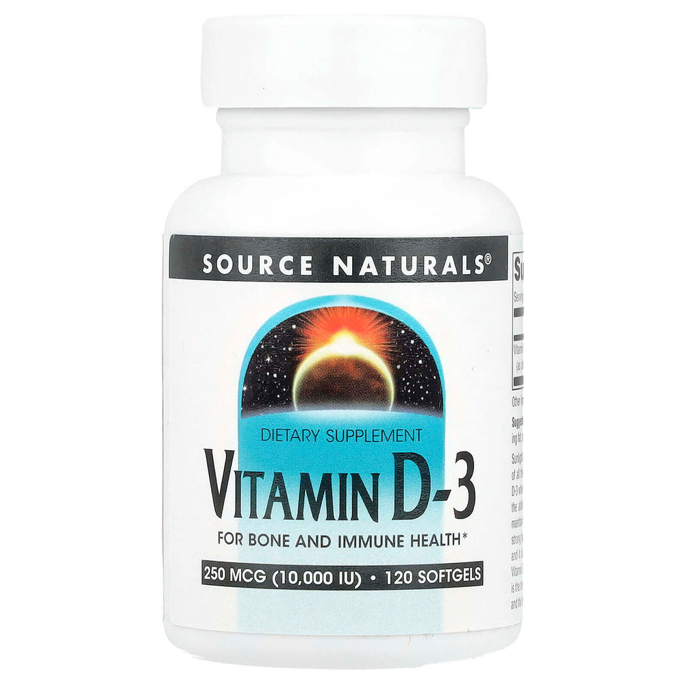 Source Naturals, витамин D3, 250 мкг (10 000 МЕ), 120 мягких таблеток