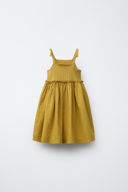 ZARA КОМБИНИРОВАННОЕ ПЛАТЬЕ В РУБЧИК С РЕЛЬЕФНЫМ УЗОРОМ, СВЕТЛО-ОЛИВКОВЫЙ