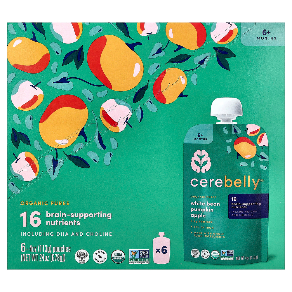 Cerebelly, Organic Baby Puree, White Bean, Pumpkin, Apple with Cinnamon, 6 Pouches, 4 oz (113 g) Each