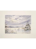 Картина авторская акварельная в паспарту 30х40 см на стену для интерьера "Поздний рассвет. Зима"