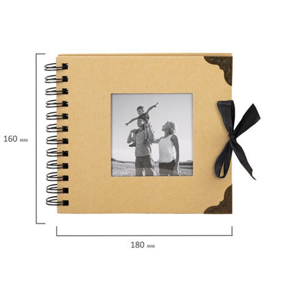 Фотоальбом 16х18 см, 20 черных листов, обложка КРАФТ, уголки/стикеры/ручка/клей, BRAUBERG Black&Kraft, 880652