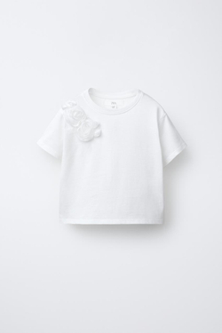 ZARA ФУТБОЛКА С ЦВЕТКОМ ИЗ ОРГАНЗЫ, БЕЛЫЙ