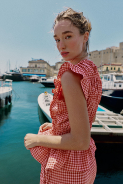ZARA ТОП В КЛЕТКУ ВИШИ С РЮШАМИ, БЕЛЫЙ/КРАСНЫЙ