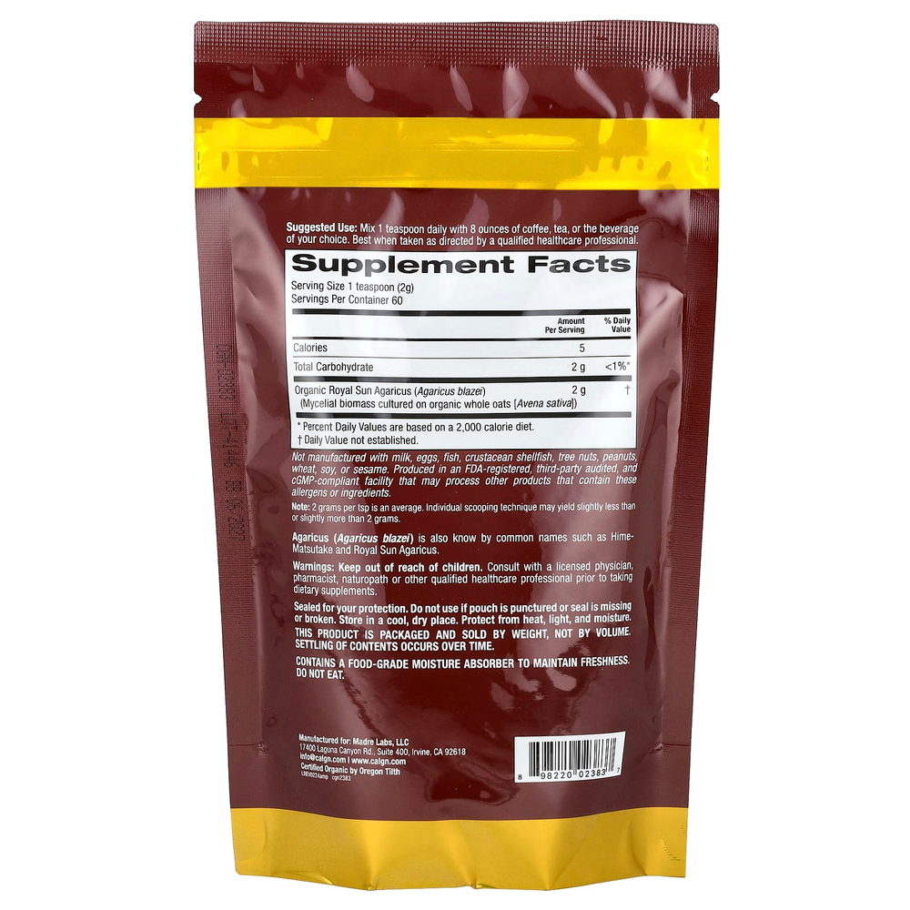 California Gold Nutrition, Fungiology®, порошок из сертифицированного органического агарика, 120 г (4,2 унции)