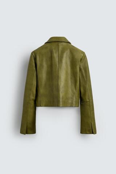 ZARA HARRY LAMBERT X DISNEY УКОРОЧЕННЫЙ БЛЕЙЗЕР ИЗ КОЖИ, ЗЕЛЕНЫЙ