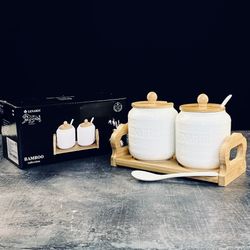 Lenardi 140-120 Набор из 2 банок 350мл для специй с ложками на подставке BAMBOO в под.уп.(х24)Фарфор