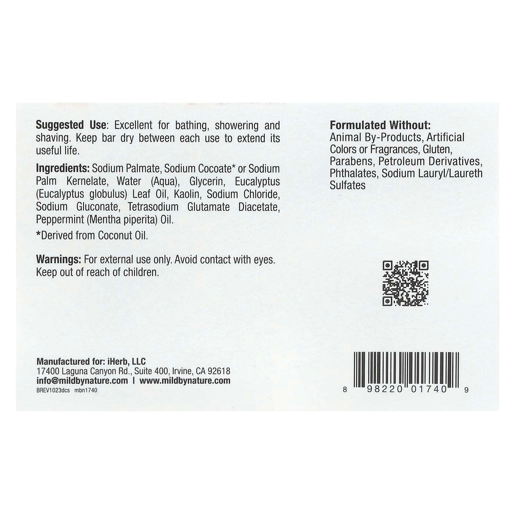 Mild By Nature, очищающее кусковое мыло с глиной, с ароматом эвкалипта и перечной мяты, с ископаемой глиной, 141 г (5 унций)