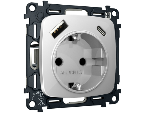 MO410010 Комплект механизма электрической розетки OMEGA Серебро глянец 2USB A+C 20W (быстрая зарядка) с/з QUANT (OP4100, VM160)