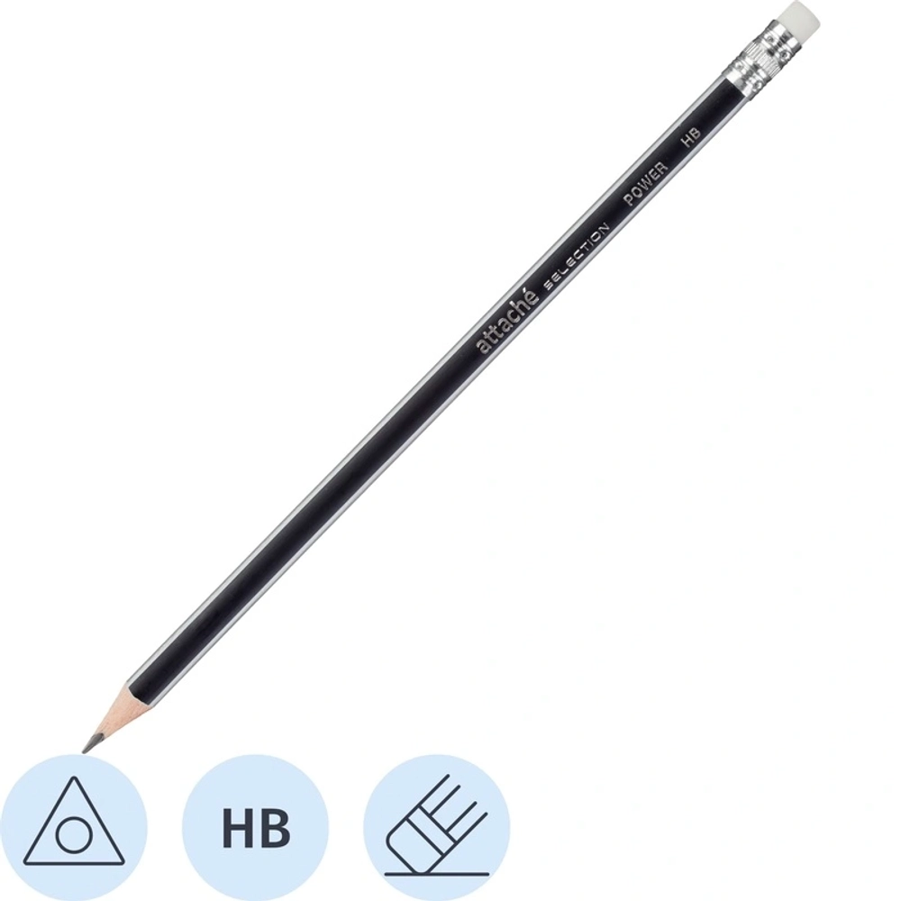 Карандаш чернографитный НВ с ластиком Attache (Attache Selection) Power заточенный трехгранный