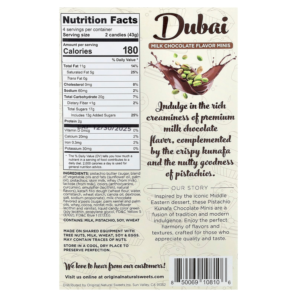 Original Natural Sweets, дубайский молочный шоколад, мини-печенье, 8 шт., 170 г (6 унций)