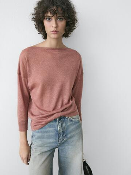Massimo Dutti Футболка из смеси шерсти и льна, красноватый