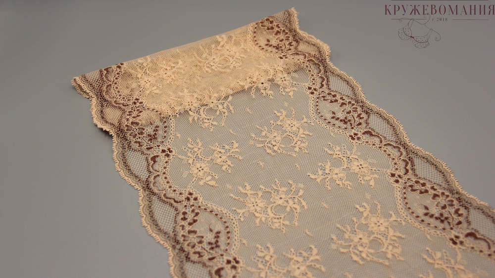 Эластичное кружево, 22 см, светло-бежевое с коричневыми цветами, (Арт: EK-2551), м