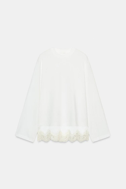 ZARA КОМБИНИРОВАННАЯ ФУТБОЛКА С КРУЖЕВОМ, БЕЛЫЙ