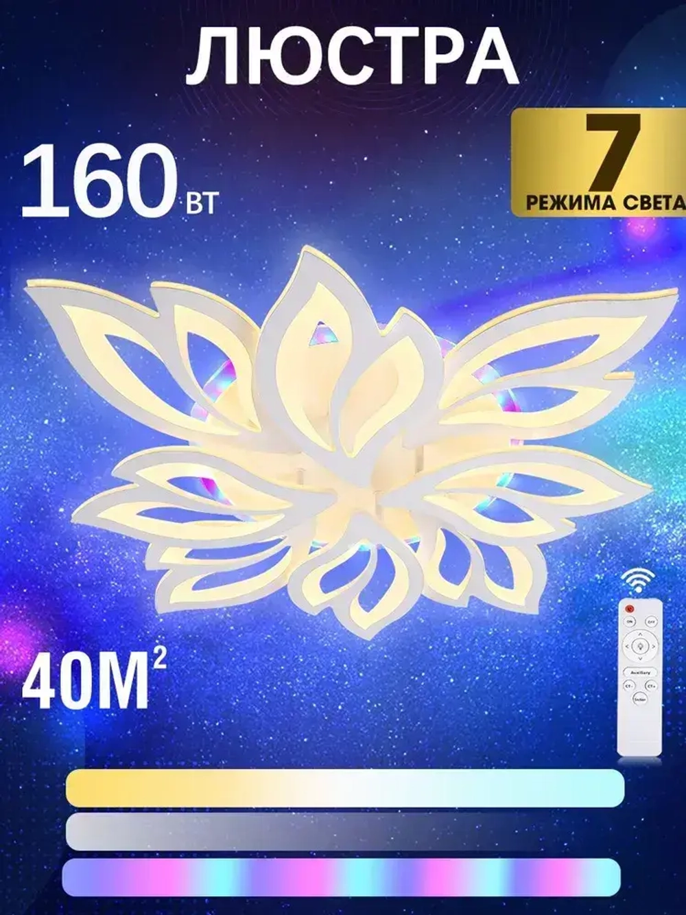 Люстра потолочная светодиодная с пультом, белая, для всех видов потолков, 160W + 8W (RGB)