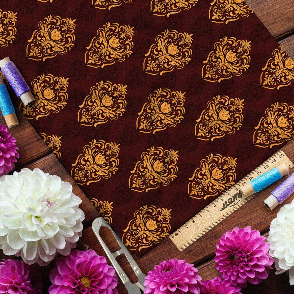 Ткань таффета симметричный золотой узор на бордовом фоне