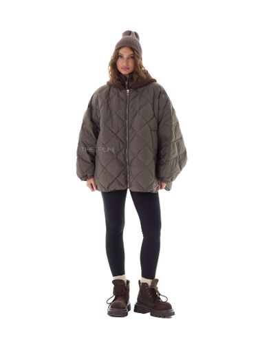 Пуховик-летучая мышь с вязаным капюшоном в цвете хаки