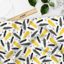 Ткань атлас черно-желтые перья