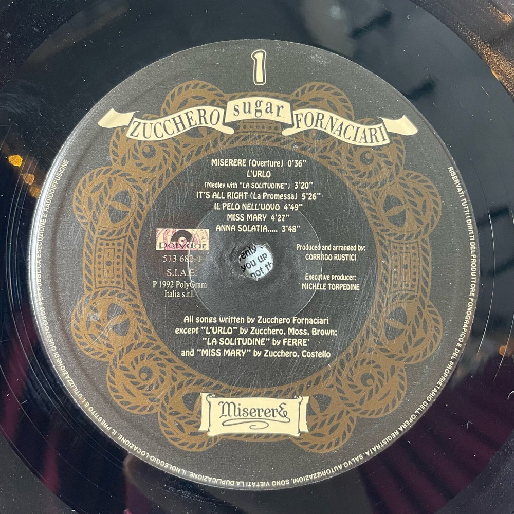 Винтажная виниловая пластинка LP Zucchero Sugar Fornaciari Miserere (Italy 1992)