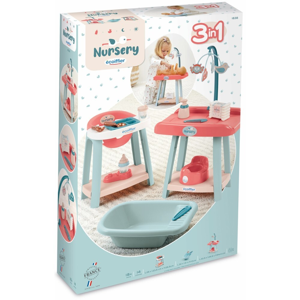 Ecoiffier Nursery - NURSERY NICLE 3 в 1 + 14 аксессуаров Для куклы 32 см 1838