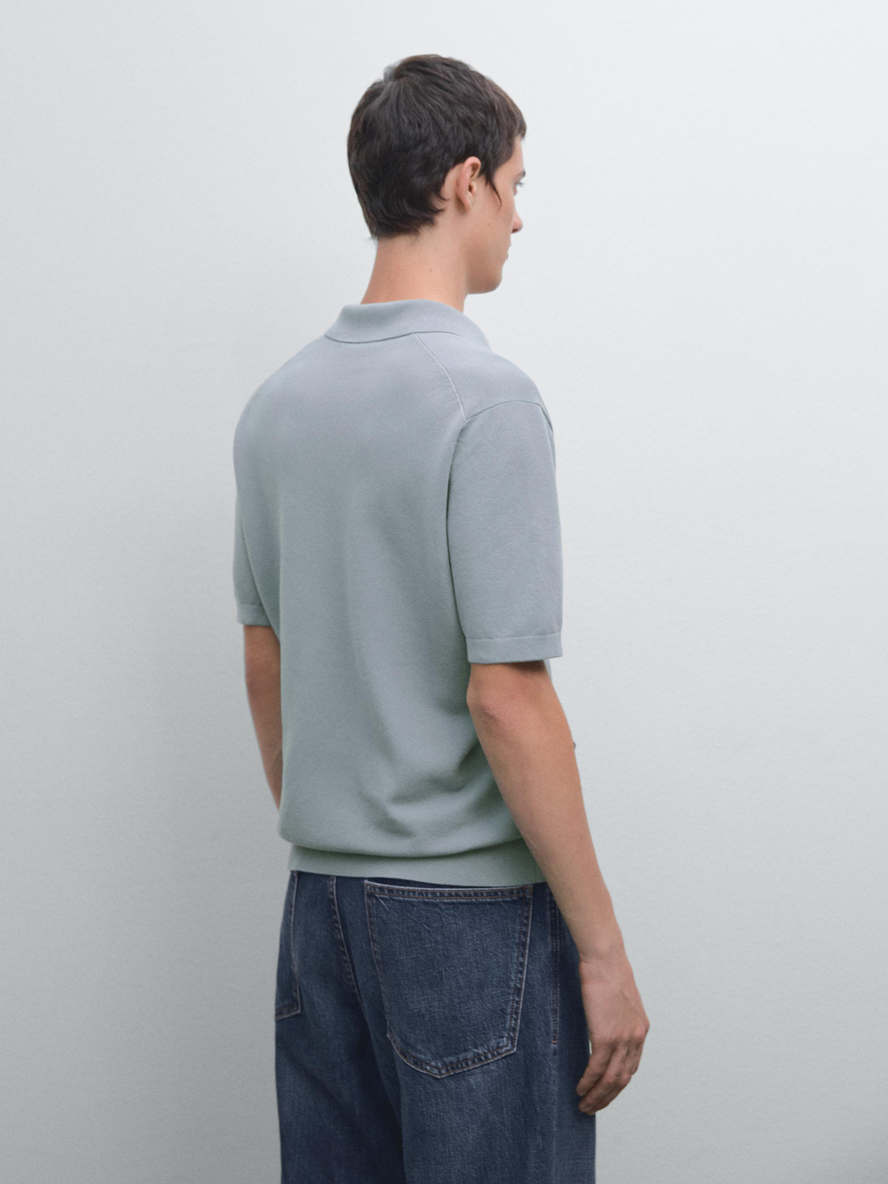 Massimo Dutti Вязаная футболка-поло с V-образным вырезом, синий