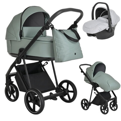 Детская коляска Roan Sol Кожа 3 в 1 с автокреслом Avionaut Silver Black RSL/2023 Misti Mint/Grey/руч. Серый