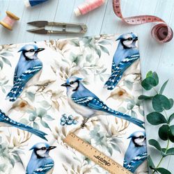 Ткань премиум сатин синие птицы на ветках