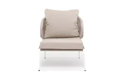 "Милан" кресло плетеное из роупа, каркас алюминий белый муар, роуп бежевый круглый, ткань бежевая 035