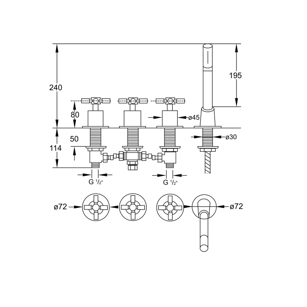 Steinberg Серия 250 Смеситель для ванны на 4 отверстия для применения со сливным-переливным-заливным гарнитуром, с 90° керамическими вентилями, с переключателем и выдвижным ручным душем, хром 250 2480