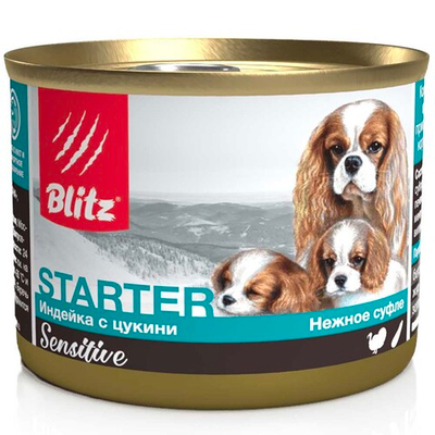 Blitz Sensitive консервы для щенков и кормящих сук с индейкой и цукини в суфле 200 г (банка) (Starter)