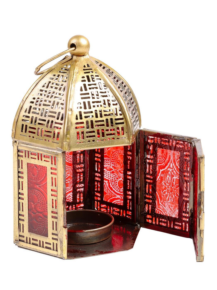 Подсвечник Фонарь металл золотистый стекло цвет красный 8x8x14 см