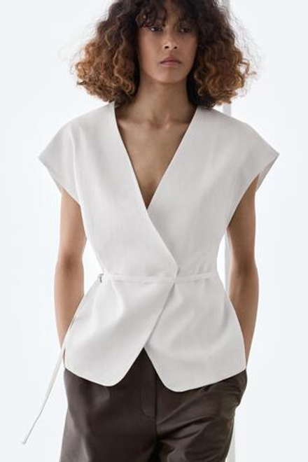 Massimo Dutti Жилет из 100% льна на запах с завязками, белый