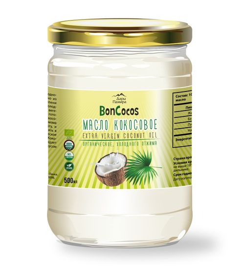 Масло кокосовое органическое холодного отжима (Virgin Coconut Oil), BONCOCOS, органика,  500мл, ст/б