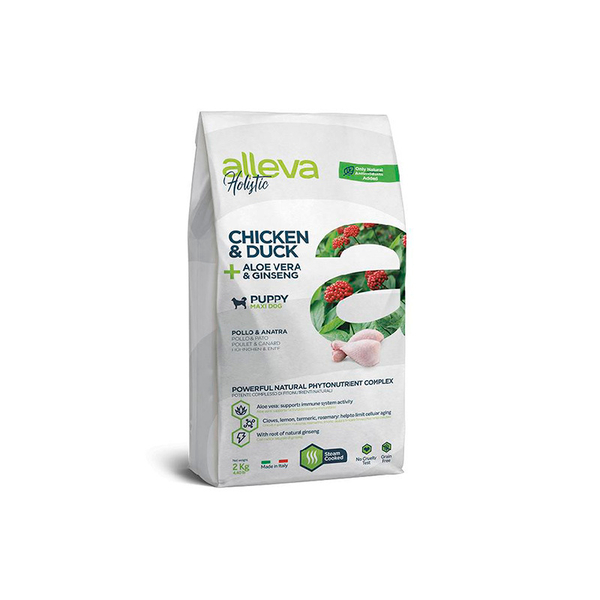 Беззерновой корм Alleva Holistic, для щенков крупных пород, курица/утка/алоэ/женьшень, 2 кг