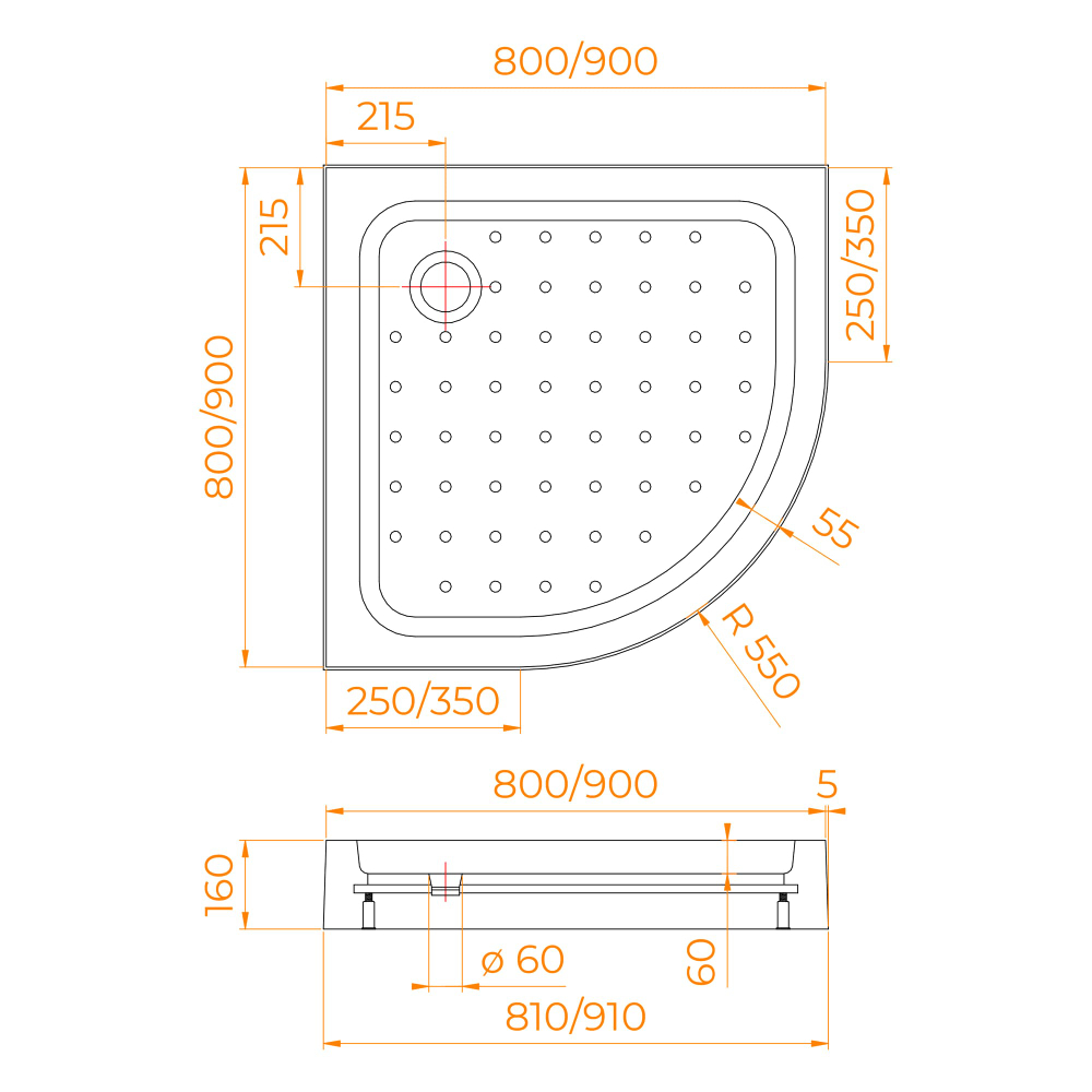 Душевой поддон полукруглый RGW LUX/TN-P (800x800)