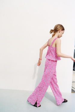 ZARA БРЮКИ ПРЯМОГО КРОЯ ИЗ СМЕСОВОГО ЛЬНА С ПРИНТОМ, РОЗОВЫЙ/БЕЛЫЙ