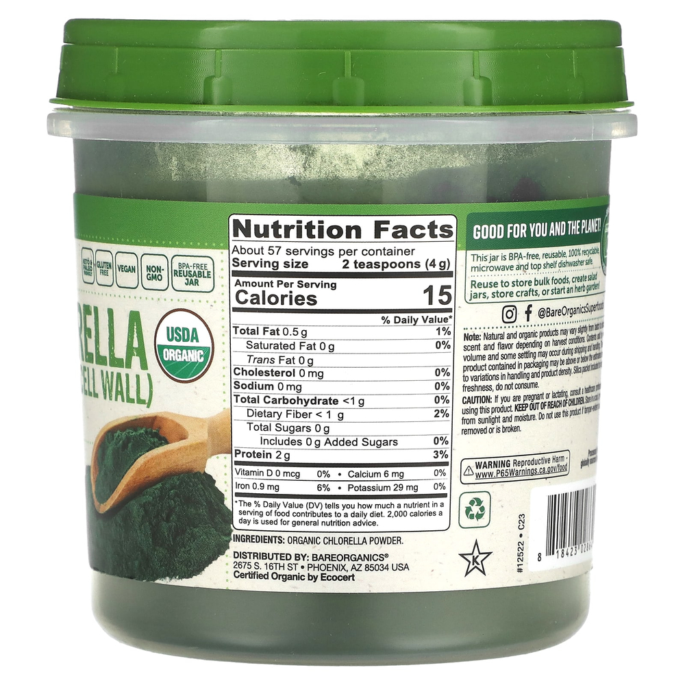 BareOrganics, Органическая хлорелла в порошке, 227 г (8 унций)