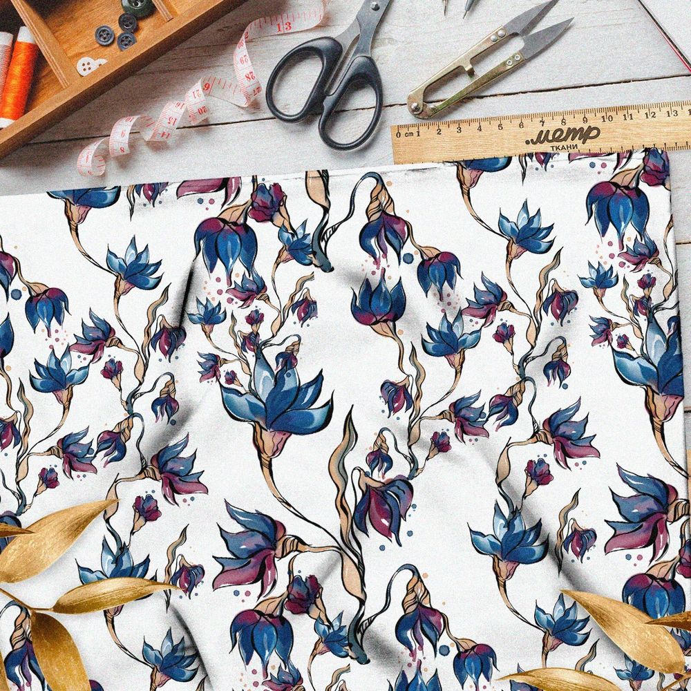 Ткань лен голубые цветы на белом